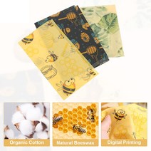 허니밀랍랩 비즈왁스 랩 친환경 밀랍 식품 유기농 면 천 재사용 가능 보관 샌드위치 치즈 과일 봉투 귀여운 꿀벌 잎 꿀 냄비 S M L 키트 당 3 개, 3개
