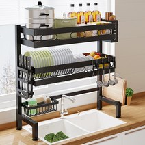 808LIFE 자동 물빠짐 무타공 설거지 특대형 싱크대 선반 식기 건조대, 모던 블랙 (83x29x18.5cm)