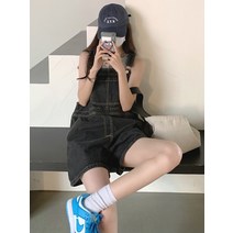 레이스 여름 캠핑룩 숏팬츠 점프수트 민소매 청 멜빵 반바지 여성 편한 오버롤 30대여성