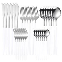 골드 식기 세트 스테인레스 스틸 스테이크 나이프 포크 커피 스푼 티스푼 세척기 안전한 주방 30 피스, White silver