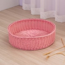 고양이 라탄 바구니 하우스 오픈형 라탄하우스 방석 숨숨집, 원형 핑크