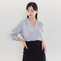 V넥 긴팔 진주 셔링 쉬폰 블라우스 하객룩 핀턱 정장 셔츠 [레오피]