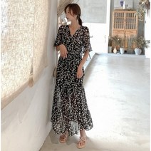 Momolatti 여름 잔꽃 시폰 브이넥 반팔 롱원피스