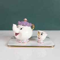 미녀와 야수 티포트 주전자 세트 집들이 인테리어 찻잔 선물, 6. 파란색 냄비컵 + 돌무늬 금테 큰 쟁반