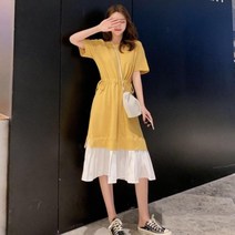 여자 배색 레이어드 플리츠 스트링 A라인 롱원피스