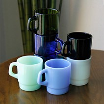 레트로 레고 밀크글라스 유리컵 스텍 머그 겹머그 인쇄 제작 주문제작, 레트로 레고 밀크글라스-카키