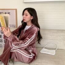 시크블랙 나렌털 벨벳 투라인 후드 밴딩 팬츠 세트