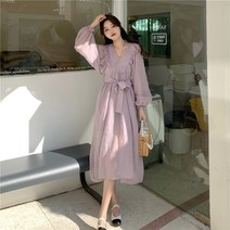 [당일배송] Tamina 롱 원피스 브이넥 시폰 긴 소매 수신하다 루즈핏 끈을 매다