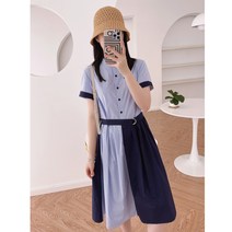 스트라이프원피스 디자인감각 숏 스탠딩카라 셔츠 블러킹 패치워크 라운드반팔티 벨트 허리보정 와이드 루즈핏 2184108197