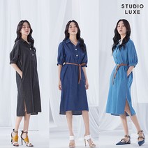 런칭가 69 900원)스튜디오럭스 쥬얼버튼 30수 샴브레이 데님원피스