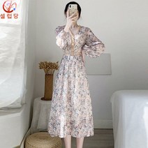 셀럽당 원피스 브이넥 레이스 패치 시폰 플라워 롱 스커트
