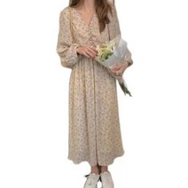 YAPOGI S-2XL 노란색 프랑스식 복고 브이넥 긴 소매 플리츠 여름 잔꽃무늬 롱 원피스 J0292