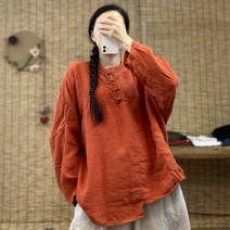 흑색단추 화루 출품 가을 샌드워싱 린넨 네 알 원단추 사이드 포켓 스탠딩칼라 긴 소매 반팔셔츠 3550845677