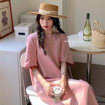 핑크 백 오픈 루즈핏 맥시 반팔 라운드 티 셔츠 캐주얼 데일리 수입 여름 롱 원피스 SH