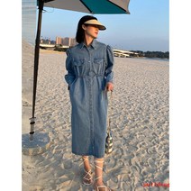 Neh 데님 싱글 브레스트 드레스 봄 긴 소매 허리 레이스 업 드레스