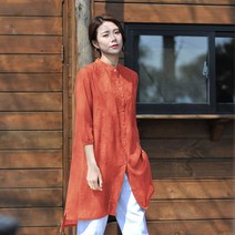 린넨 7부 자수 롱 셔츠 블라우스