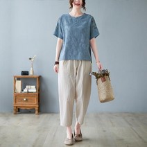 여성 반팔 자수 일상 개량 생활 한복 린넨 바지 세트 한벌 법복 절복