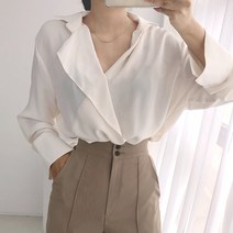 여성용 더랜 루즈핏 프릴 브이넥 커프스 셔츠 블라우스