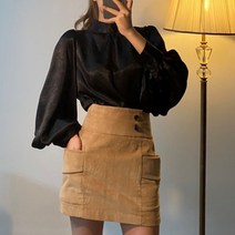 여성 하이넥 퍼프소매 펄 블라우스 W040