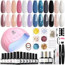 Modelones 35피스 가을 젤 네일 폴리쉬 키트 48W U V 라이트 12가지 색상 골드 오렌지 브라운 옐로우 세트 광택 및 매트 베이스 탑 코트/매니큐어 도구/네일 아, B6-Blue,Pink