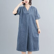 빅사이즈 루즈핏 반팔 데님 원피스 2023 여름 여성 캐주얼 스커트 Whr0453