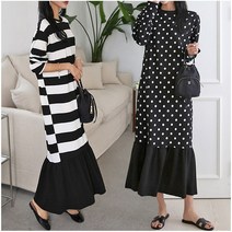 러브포텐 여성 루즈핏 긴팔 프릴 롱원피스 봄가을 러블리 스트라이프&도트 포인트 프릴롱원피스 편안한 스판 데일리 원피스