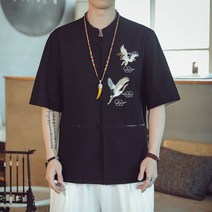 남자 반팔 개량한복셔츠 여름 복고풍 자수 티셔츠 생활 계량 한복 상의 법복 절복