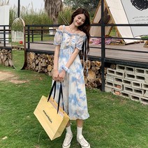 [춘상신] 멜빵 날씬해 보이는 일자 어깨 원피스 라지 사이즈 여성복 하복 얇은 프렌치 티타임 스커트 블루 화이트 재킷 [배를 가리는 원피스 하/일자 어깨 원피스/뚱뚱한 사람에