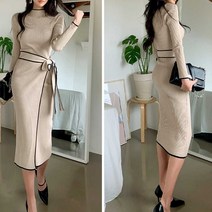 반목 랩 리본 니트 원피스 롱기장 배색라인 연말룩
