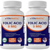 비타매틱 엽산 5mg (5000mcg) 2팩 채식주의자 태블릿 120정 (비타민 B9 엽산) (총 240정) 3통세트, 120 Count (Pack of 2)