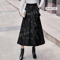 여성 언발 겨울 블랙 밴딩 플리츠 패딩 A라인 롱 치마 야외 방한 스커트