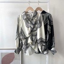 페미닌 고급 실키 기하학 패턴 카라 넥 루즈 핏 셔츠 블라우스 2컬러