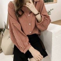 귀여운 소매포인트 잔체크무늬 블라우스 셔츠 / 여성 대학생 캐주얼 이지룩