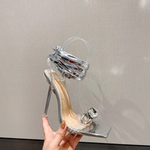 구미 큐빅 체인 투명 하이힐 스퀘어 굽 웨딩슈즈 로마 스트랩 샌들