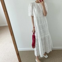 여름 여자 흰색원피스 여성 데일리 면 펀칭 레이스 A라인 롱 원피스 치마