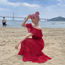 몰디브 오프숄더 캉캉 플레어 쉬폰 롱 원피스