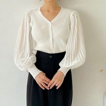 퍼니걸스 9469 셔링 주름 소매 배색 니트 가디건 여성의류
