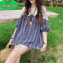 SHENGBO여름 레이스 루즈핏 캐쥬얼 빅사이즈 블라우스 여성 꽃무늬 롱티셔츠 블라우스+HY107WH