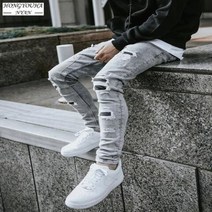 베스트앤 남성 긴바지 스트리트웨어 남성용 슬림 패치 워크 거지 찢어진 청바지 모토 바이커 패션 펜슬 팬츠 데님 바지 캐주얼 베스트앤