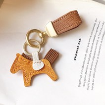 양가죽 포니 키링 조랑말 펜던트, 커리브라운 + 브라운 로프