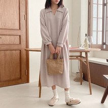 퍼니걸스 5734 루즈핏 카라 무지 트임 니트 롱 원피스 여성의류