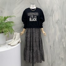 블랙 레오파드 루즈핏 티어드 기모 롱 원피스