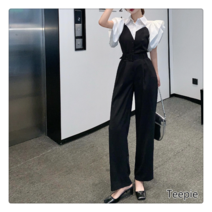 티피/Teepie 여성 셔츠 칼라 반팔 점프슈트 블랙 와이드 와이드 팬츠