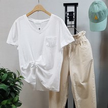 상상그이상 여성용 슬라브면 무지 브이넥 포켓 반팔 티셔츠