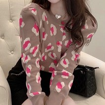 여성 레오파드 간절기 버튼 라운드넥 니트 가디건
