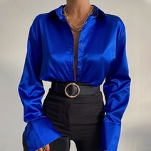 드레이프 블라우스 새틴블라우스 봄신상틴 긴팔 여성 봄 가을 빈티지 블루 그린 실크 셔츠 캐주얼 루즈 버튼업 스트리트