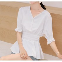 SAMARA 여자 브이넥 쉬폰 여름 프릴 날씬해보이는 빅사이즈 블라우스