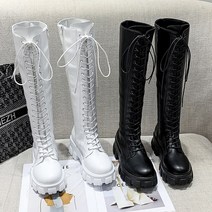 니하이 부츠 가죽 롱부츠 여성 두꺼운 겨울 나이트 무릎 높이 긴 스퀘어 힐 레이스 업