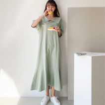 이지인이지 여성 린넨 원피스 루즈핏 롱원피스 프릴 원피스 세라넥