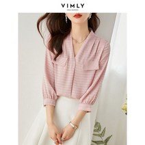 브라우스 - 핑크 쉬폰 블라우스 용 v넥 얇은 3 분기 랜턴 슬리브 상의 봄 작업 사무실 셔츠